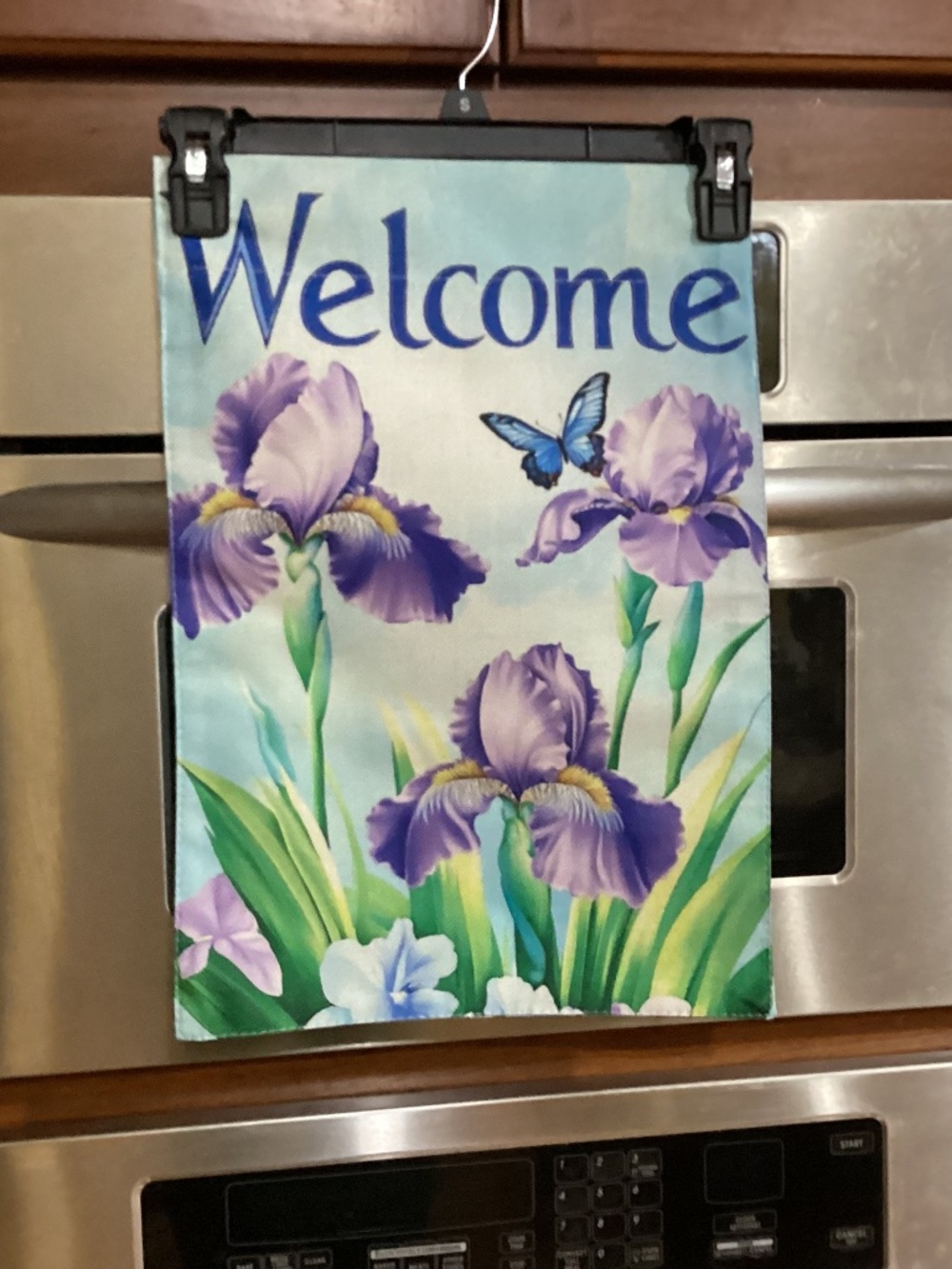 New Double sided Garden Flag, Bearded Iris, butterfly, Burlap